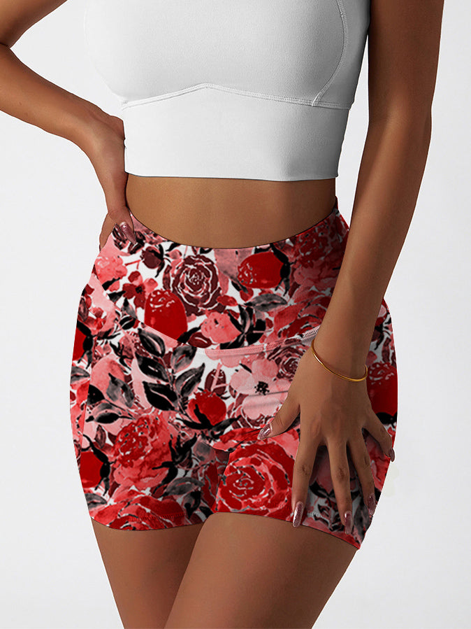 Flower red watercolor peony flare shorts