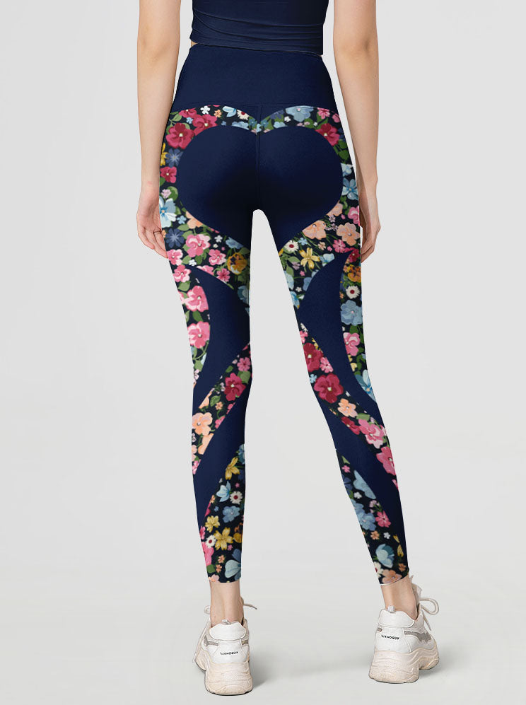 Love hip heart colorful flower splice dark blue leggings