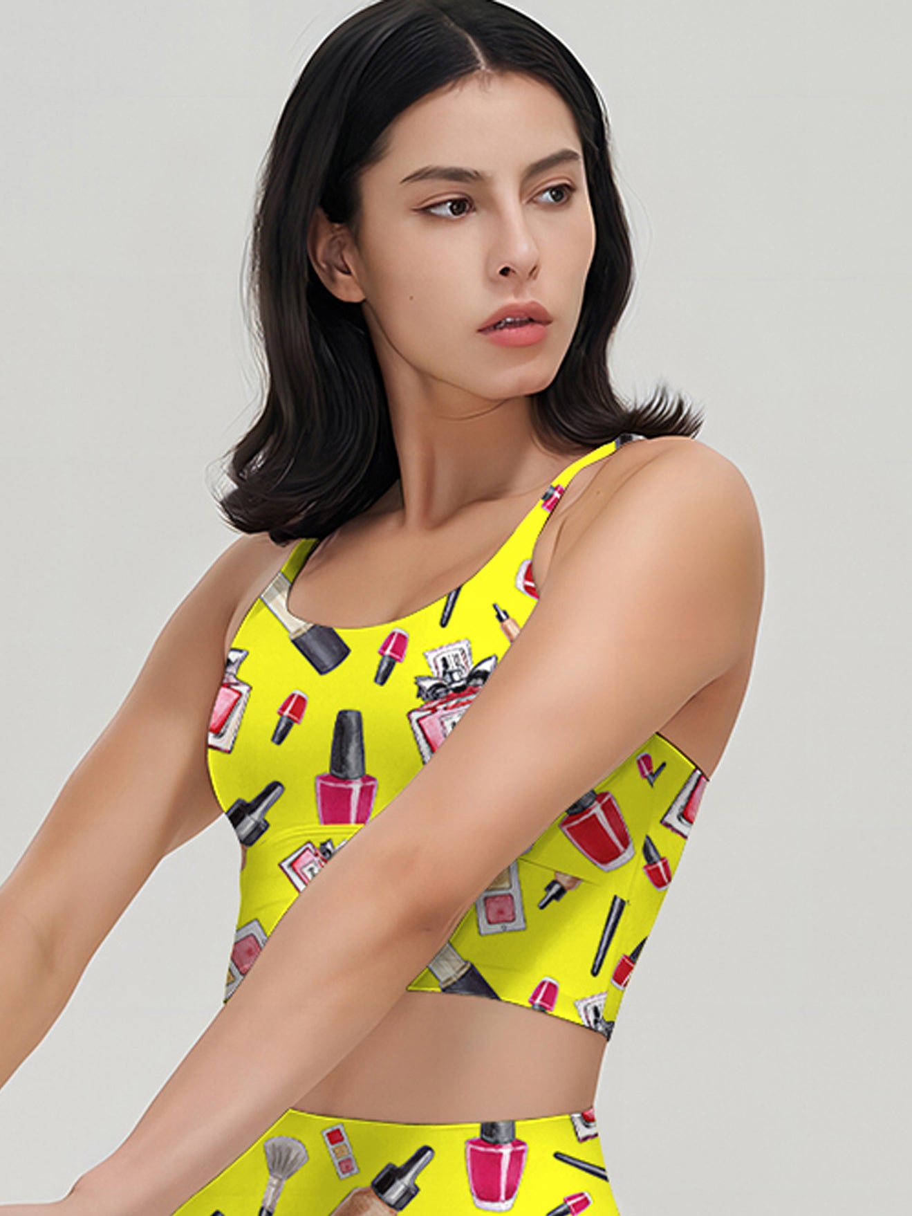 Cosmetic set perfume lipstick print yellow tank tops