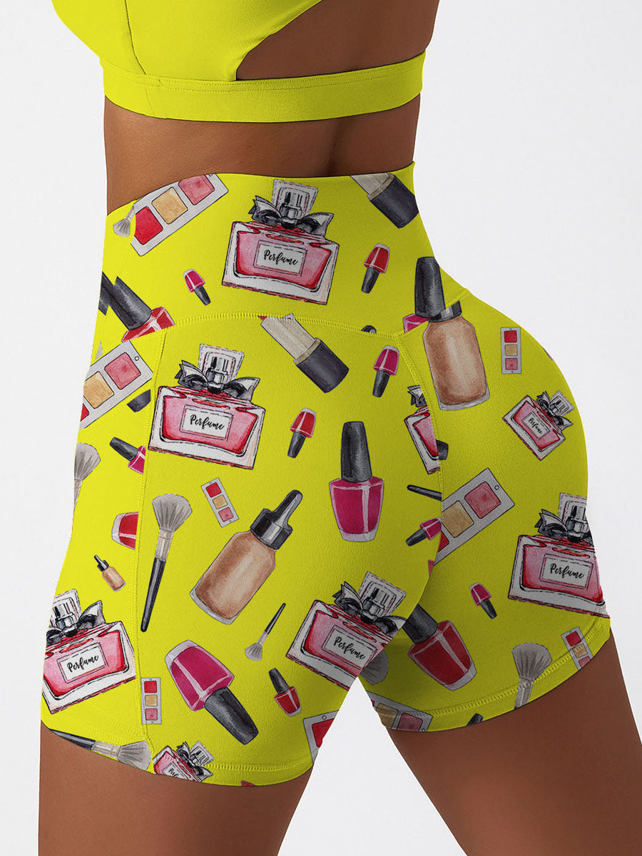 Cosmetic set perfume lipstick print yellow shorts