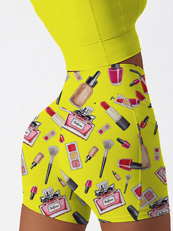 Cosmetic set perfume lipstick print yellow shorts