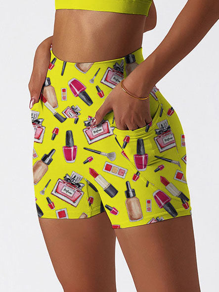 Cosmetic set perfume lipstick print yellow shorts