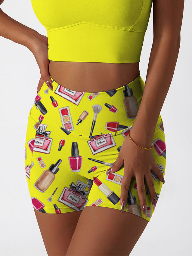 Cosmetic set perfume lipstick print yellow shorts
