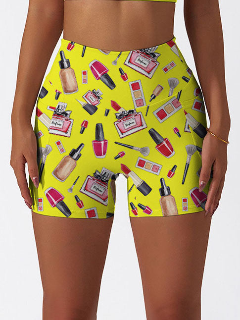 Cosmetic set perfume lipstick print yellow shorts