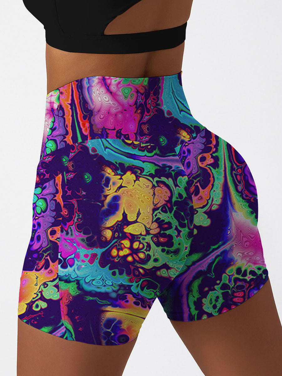 Tie dye still life with psychedelic colored water ripple shorts