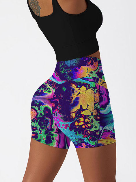 Tie dye still life with psychedelic colored water ripple shorts