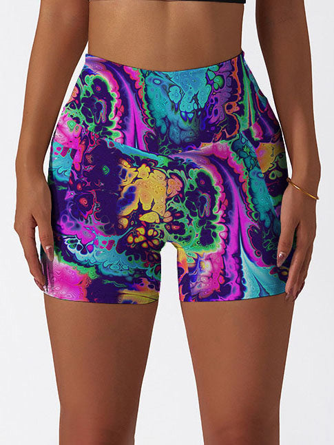 Tie dye still life with psychedelic colored water ripple shorts