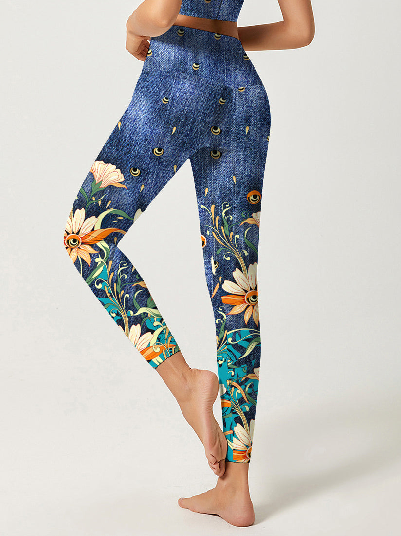 Flower faux denim evil eye leggings