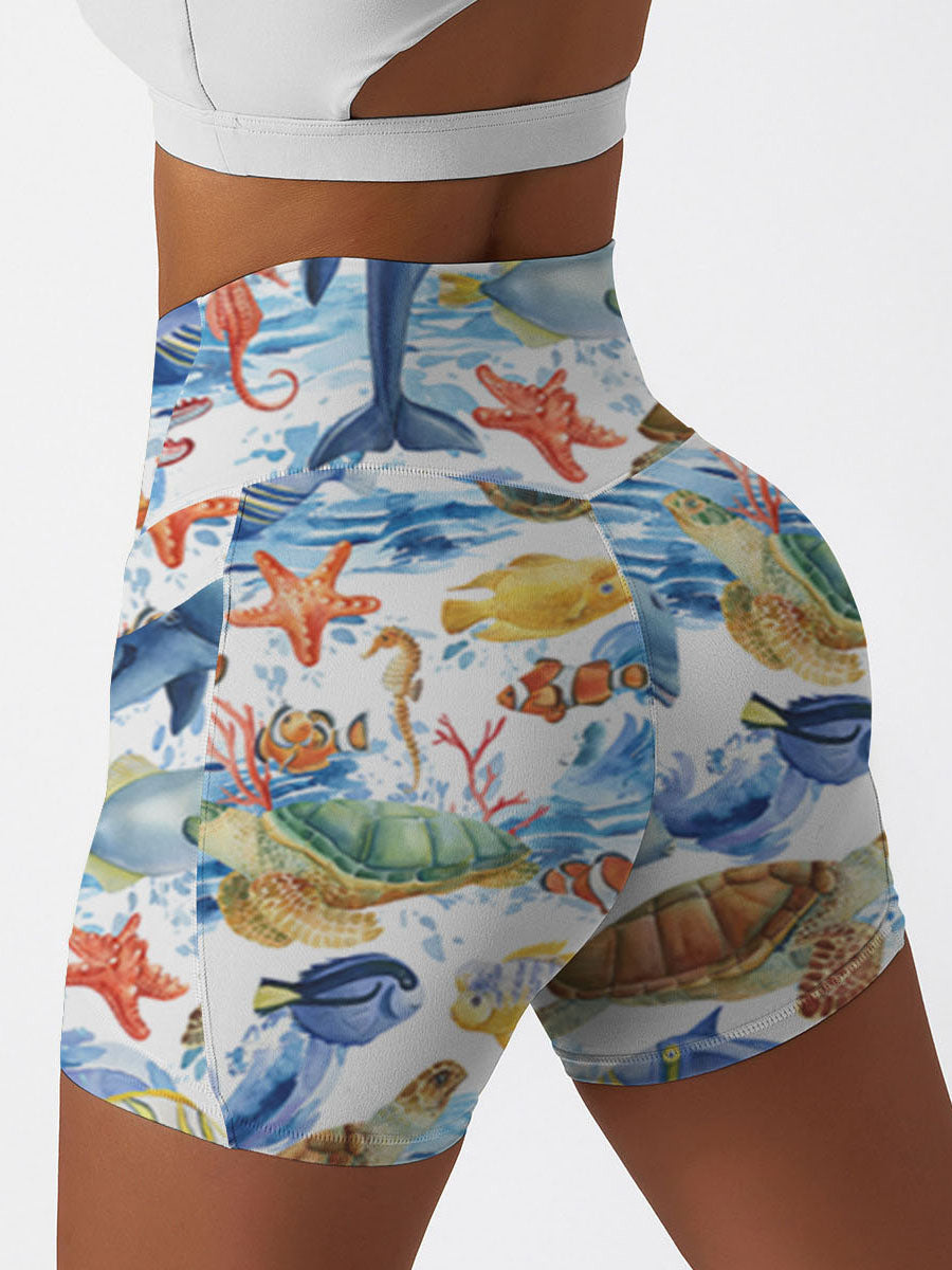 Ocean life turtle starfish print shorts