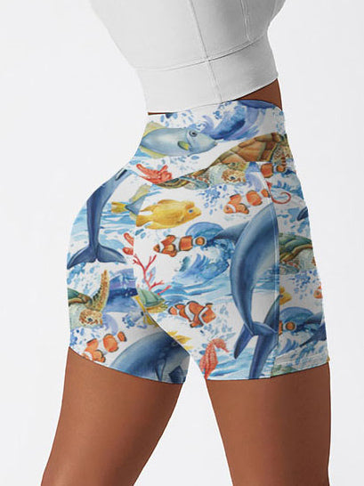 Ocean life turtle starfish print shorts