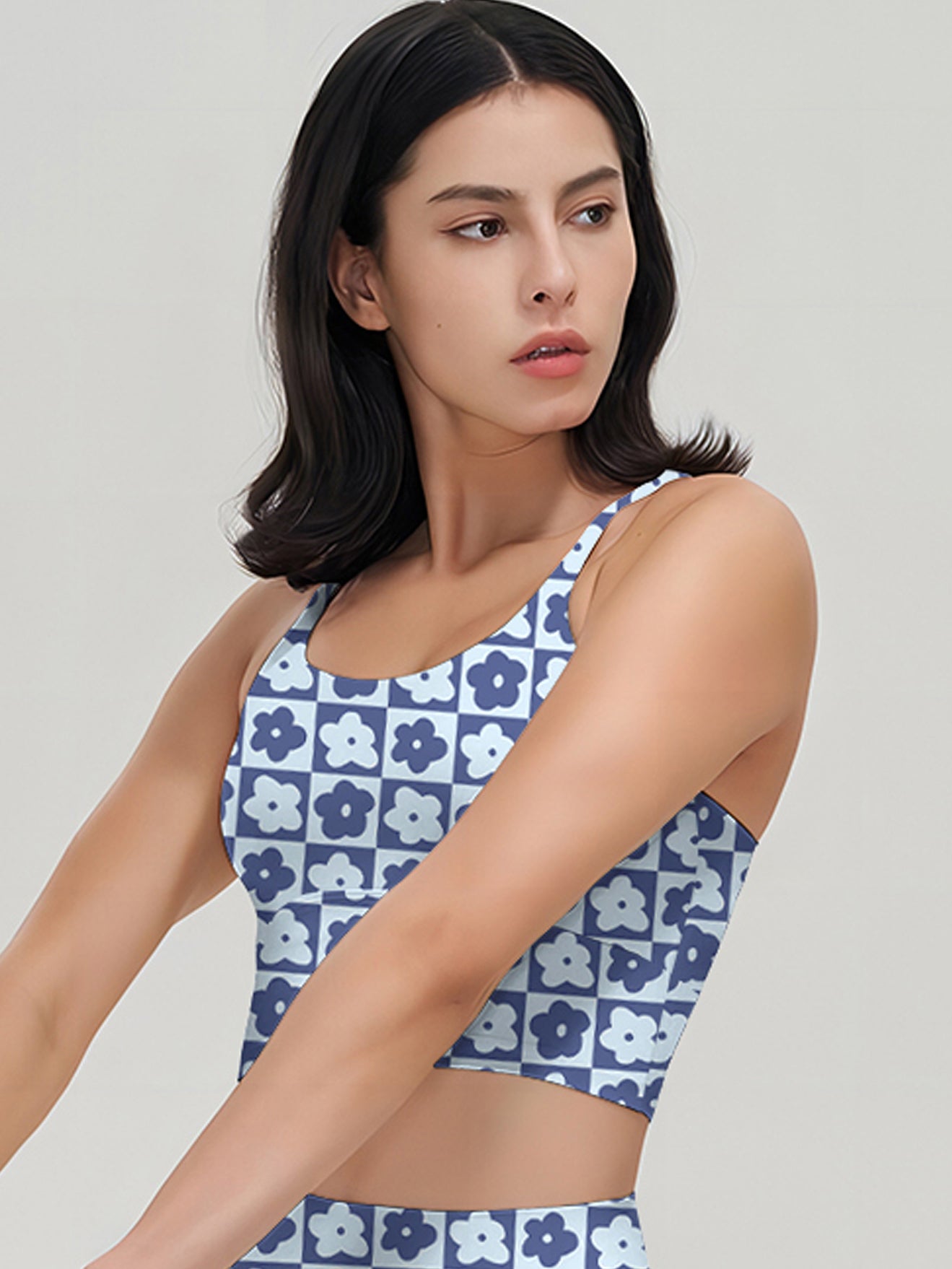 Flower blue and white plaid flower tank tops