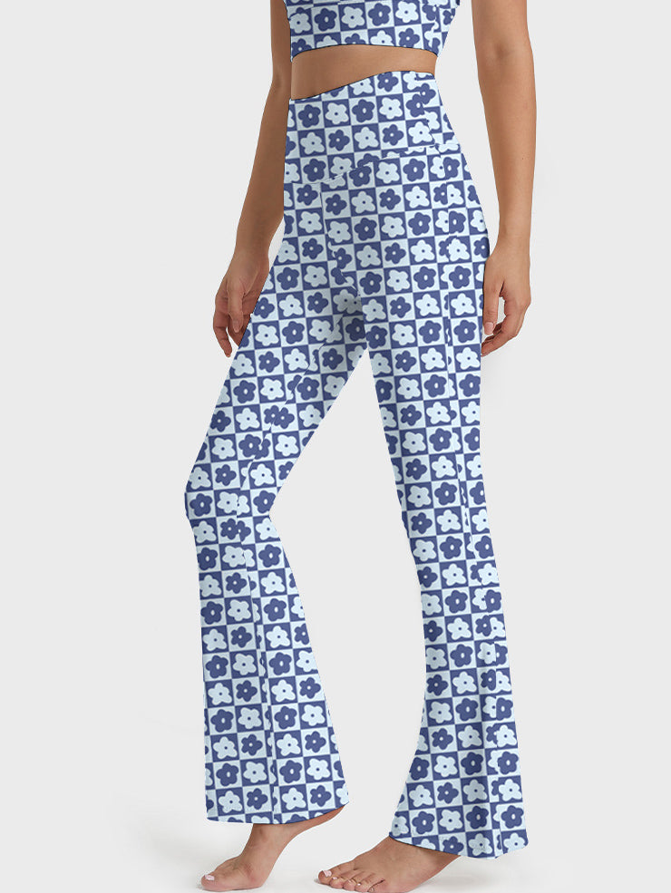Flower blue and white plaid flower flare leggings