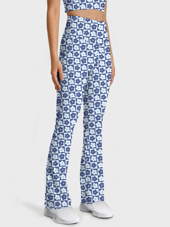 Flower blue and white plaid flower flare leggings