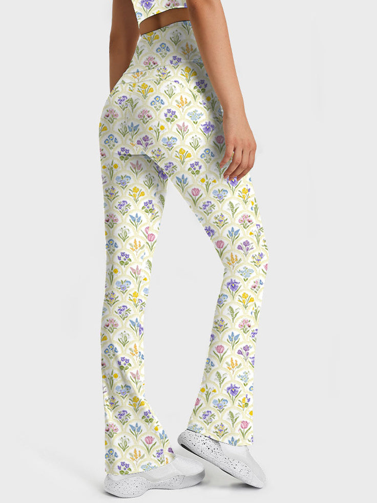 Spring garden variety flowers in rainbow flare leggings