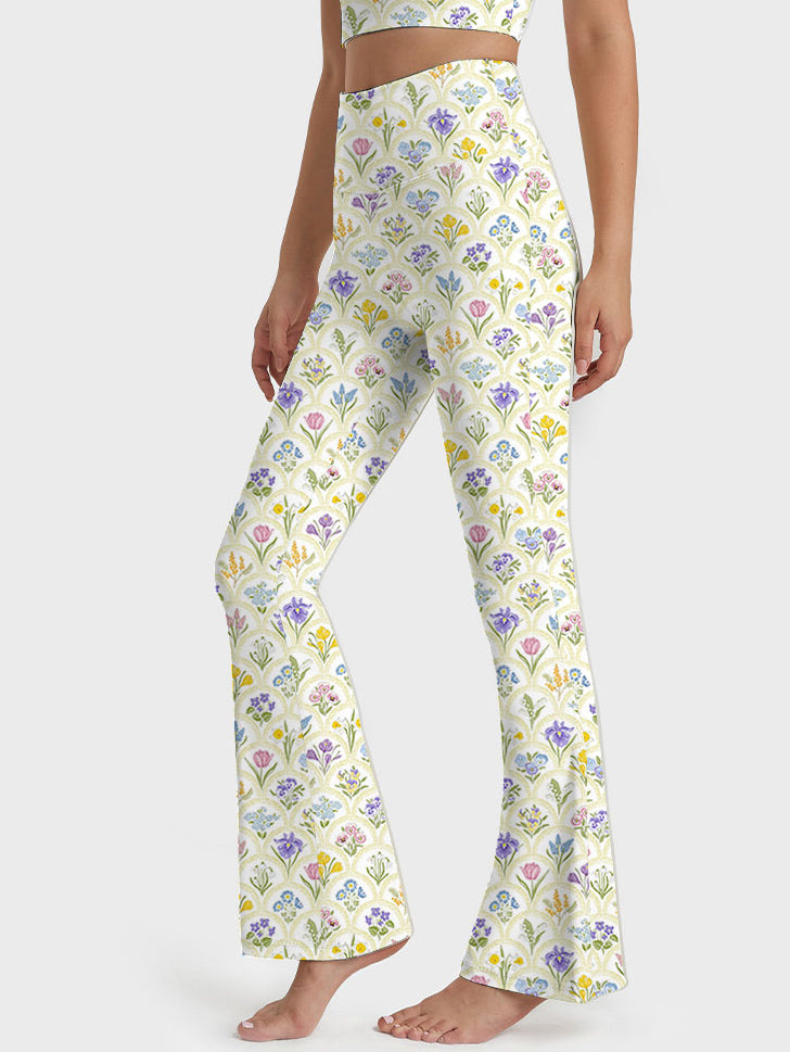 Spring garden variety flowers in rainbow flare leggings