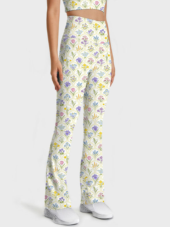 Spring garden variety flowers in rainbow flare leggings