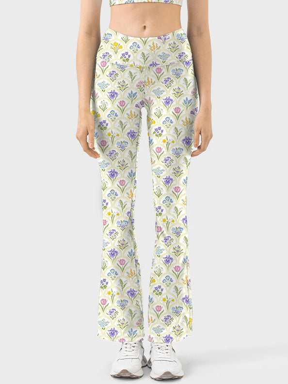 Spring garden variety flowers in rainbow flare leggings