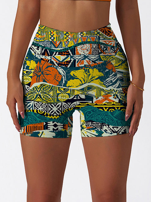 Hawaiian elements and hibiscus fabric patchwork shorts