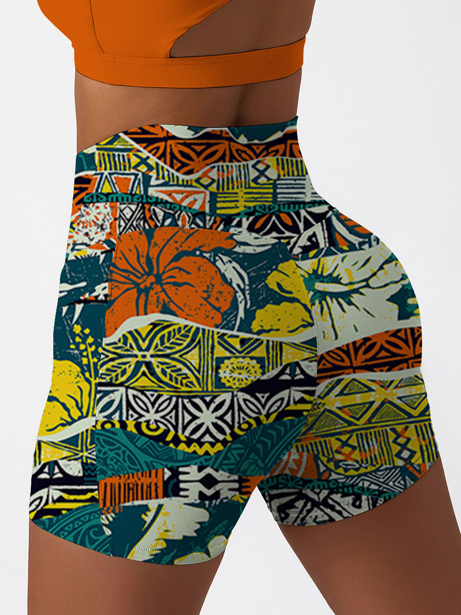 Hawaiian elements and hibiscus fabric patchwork shorts