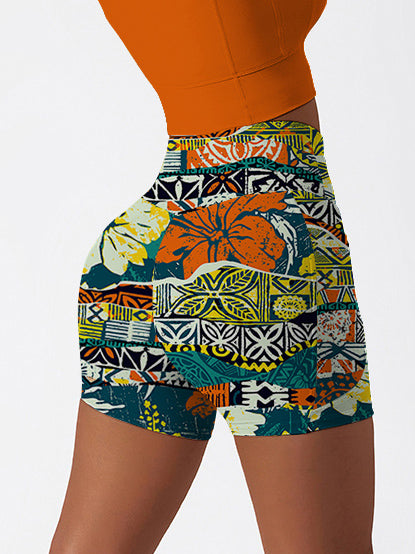 Hawaiian elements and hibiscus fabric patchwork shorts