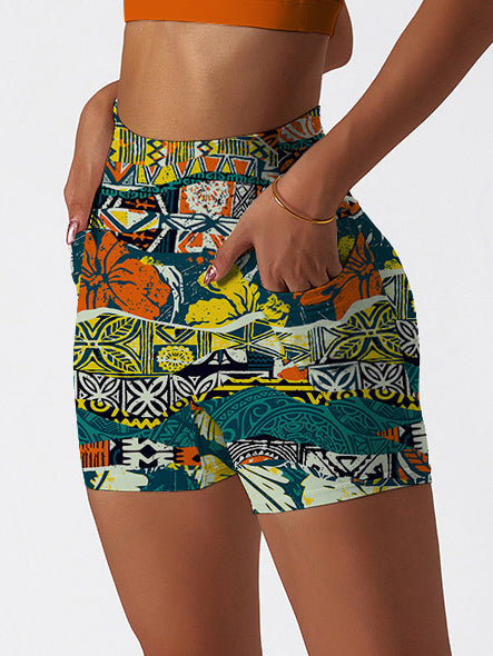 Hawaiian elements and hibiscus fabric patchwork shorts
