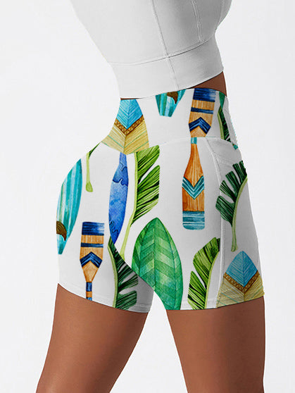 Botanical hawaiian palm leaves surfboard paddle shorts