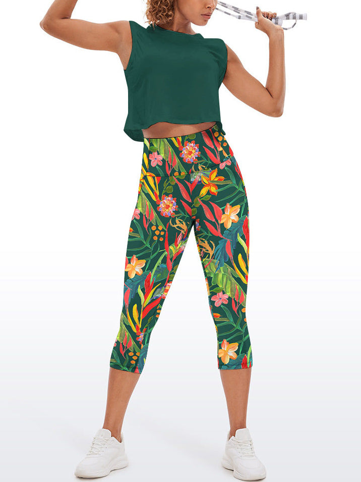 Botanical green leaves flower yoga capris