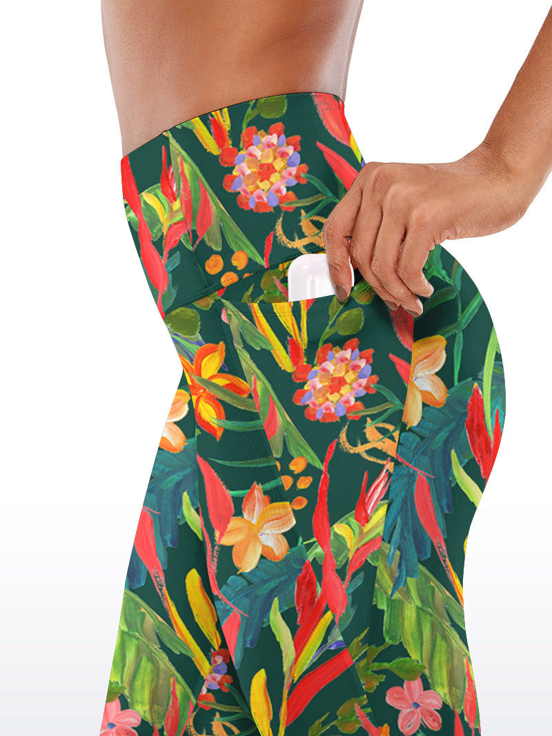 Botanical green leaves flower yoga capris