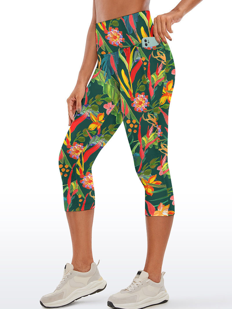 Botanical green leaves flower yoga capris