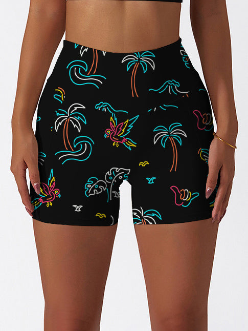 Botanical colorful lines palm tree bird shorts