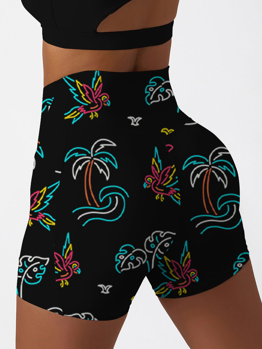 Botanical colorful lines palm tree bird shorts