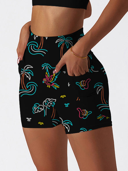 Botanical colorful lines palm tree bird shorts