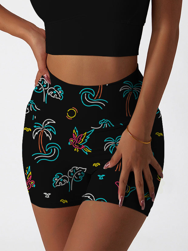 Botanical colorful lines palm tree bird shorts