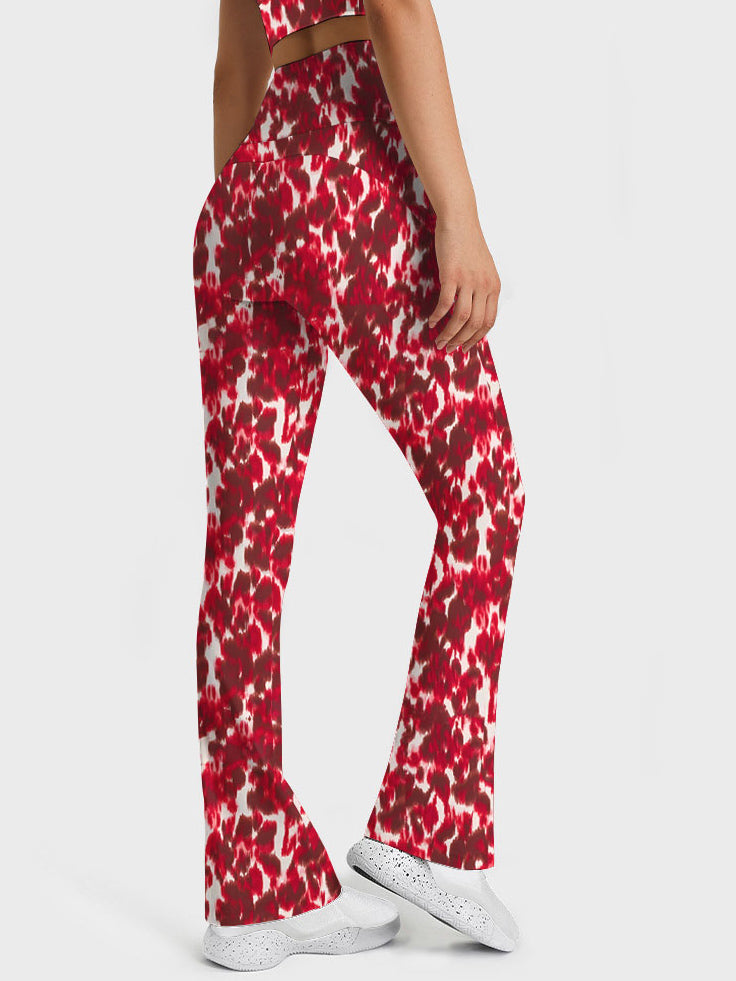 Red abstract flower breathable waistband flare leggings