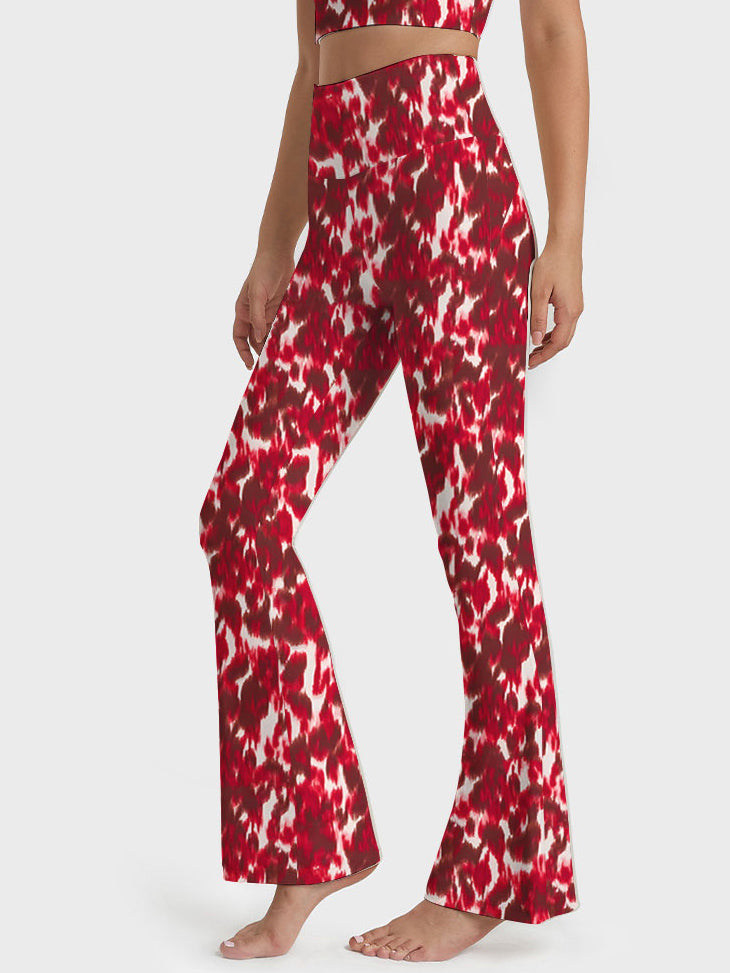 Red abstract flower breathable waistband flare leggings