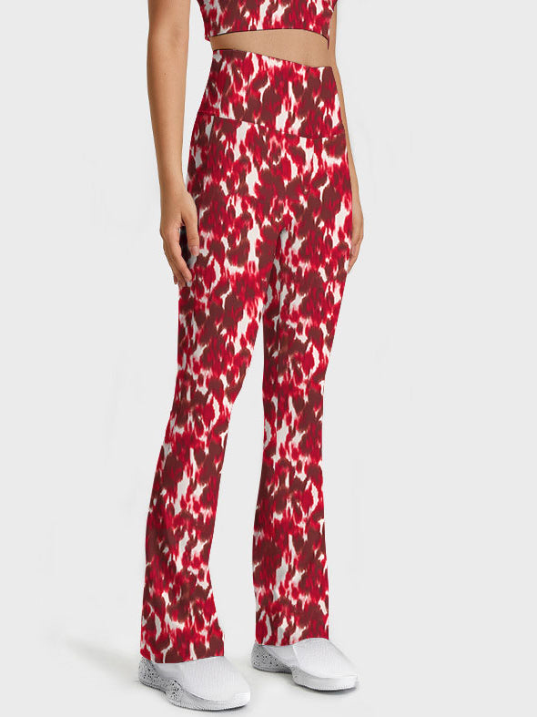 Red abstract flower breathable waistband flare leggings