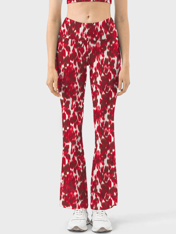 Red abstract flower breathable waistband flare leggings