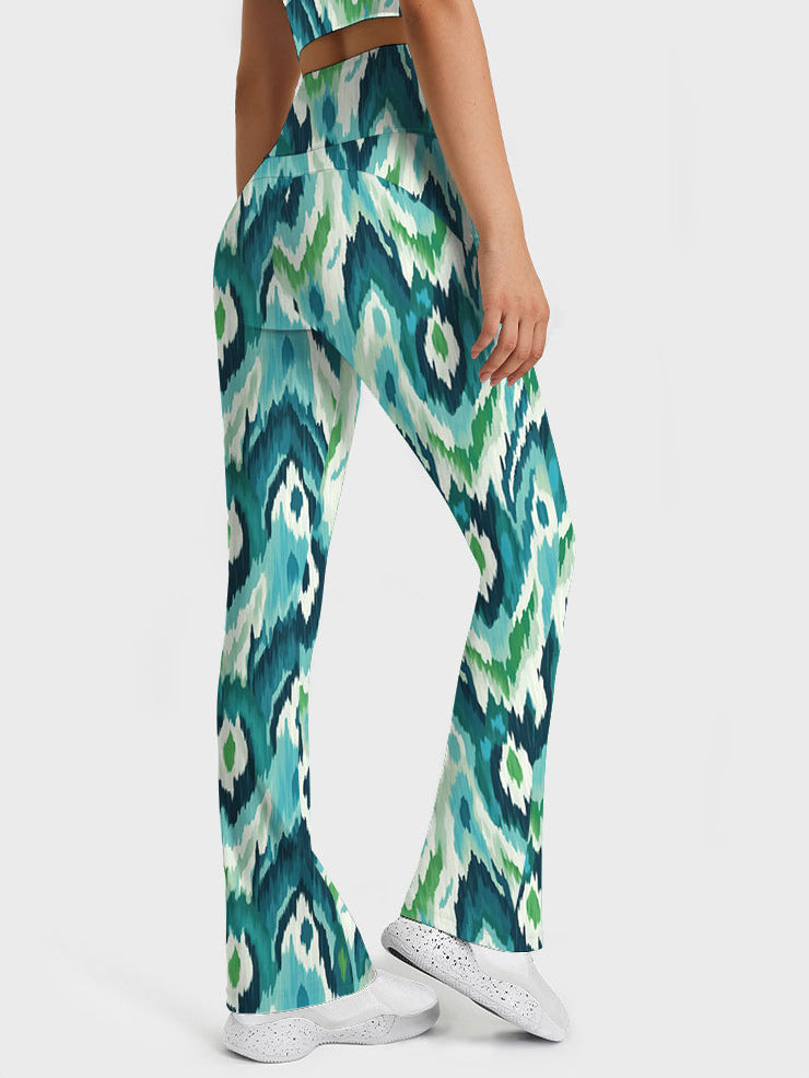 Green liquid wave tie-dye flare leggings