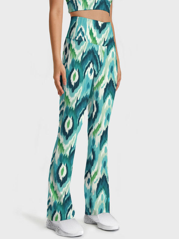 Green liquid wave tie-dye flare leggings
