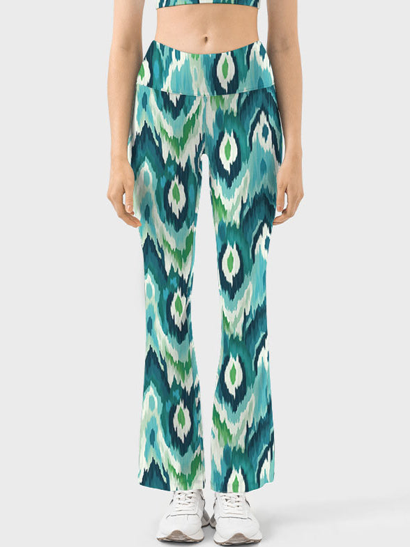 Green liquid wave tie-dye flare leggings
