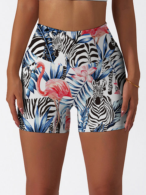Animal zebra flamingo silhouettes of palm tree leaves shorts