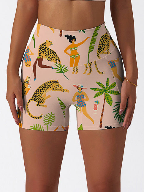 Botanical jungle cheetah wild cats tropical palm tree pink shorts
