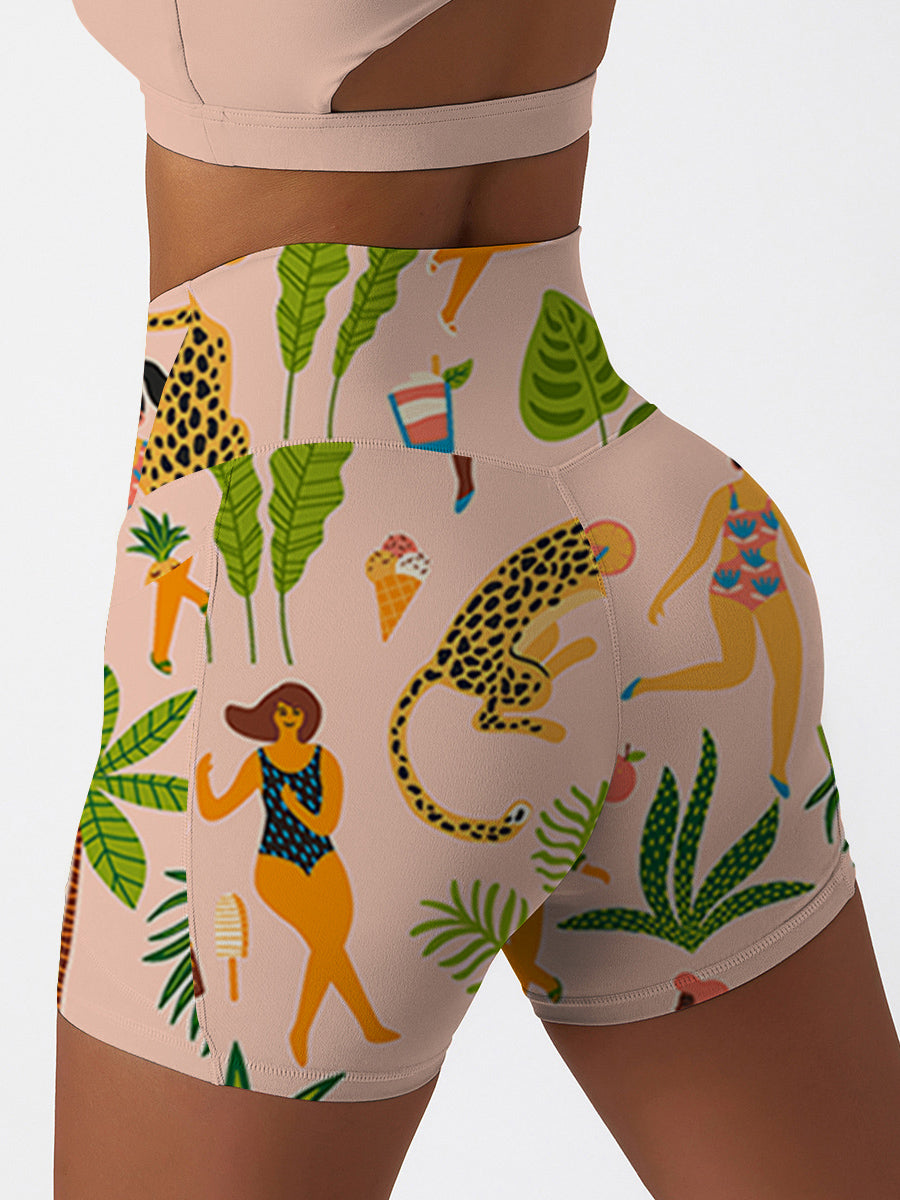 Botanical jungle cheetah wild cats tropical palm tree pink shorts