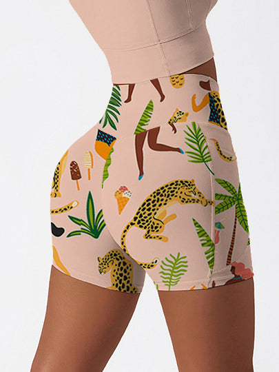 Botanical jungle cheetah wild cats tropical palm tree pink shorts