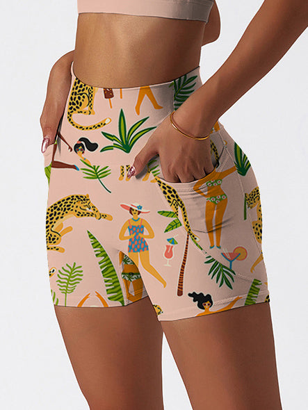 Botanical jungle cheetah wild cats tropical palm tree pink shorts