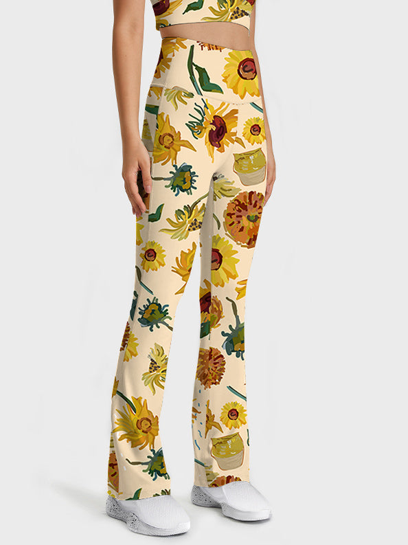 Flower painted sunflower flare leggings
