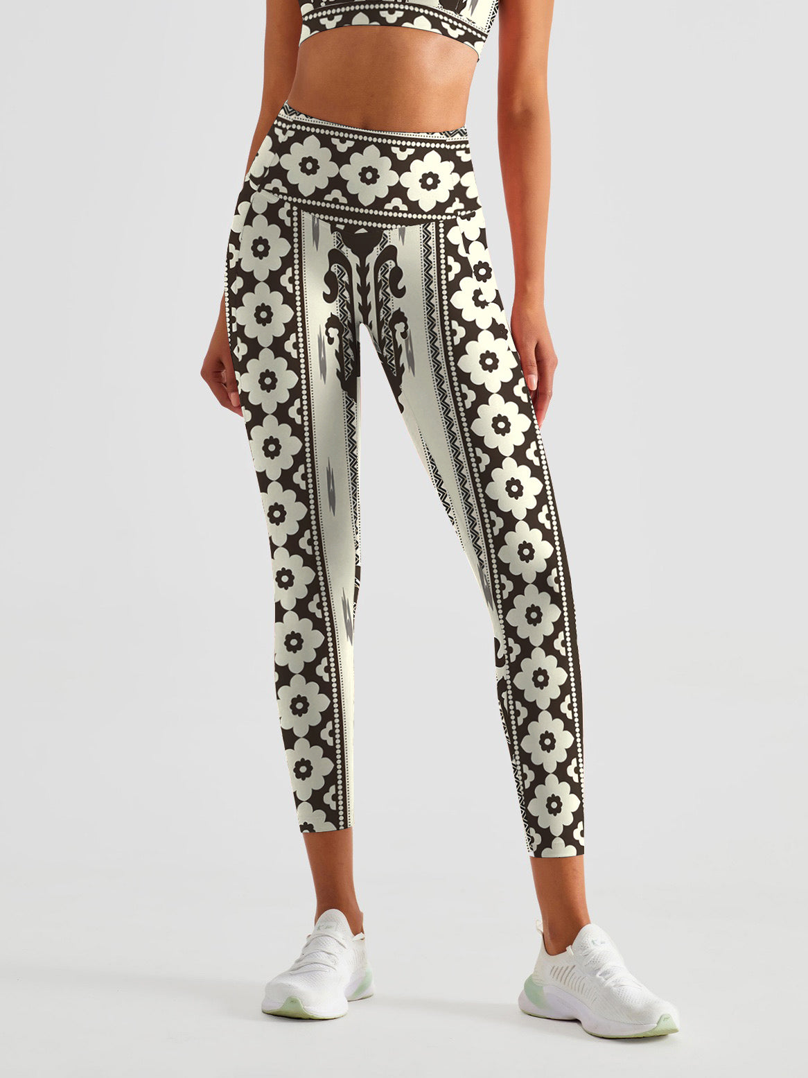 Flower black line colorblock floral print leggings
