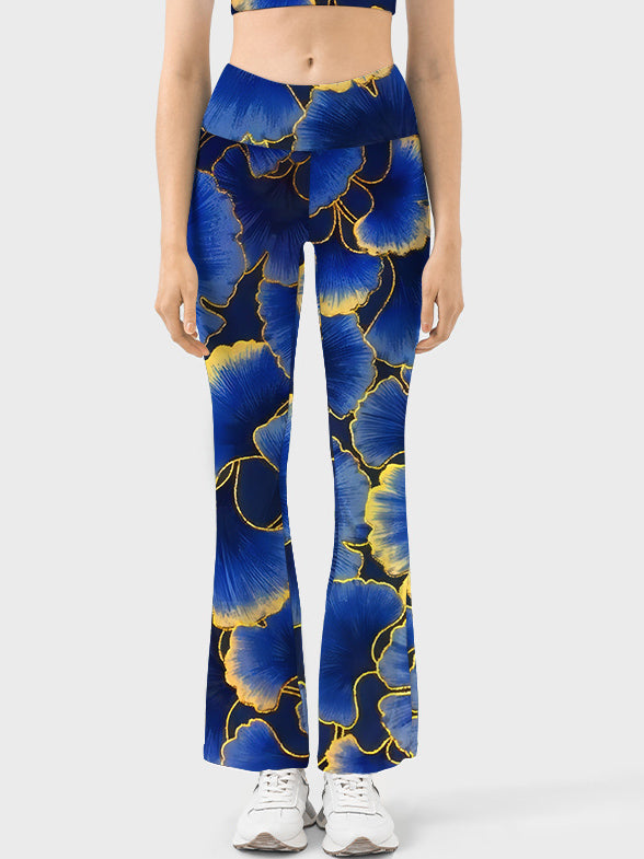 Botanical blue ginkgo leaf gold edge flare leggings