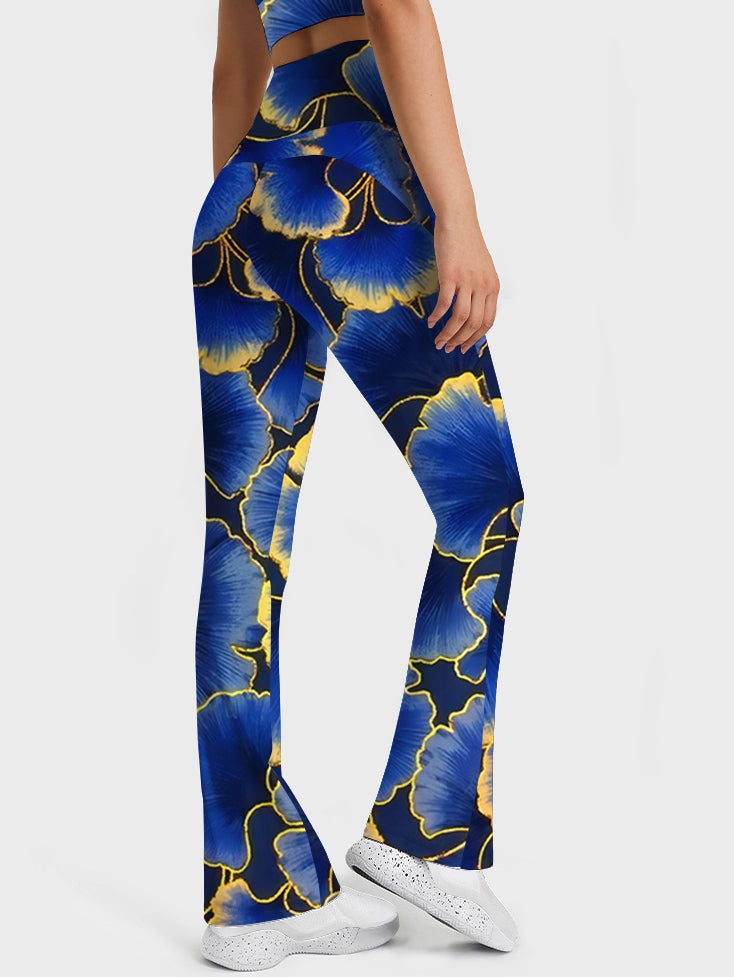 Botanical blue ginkgo leaf gold edge flare leggings