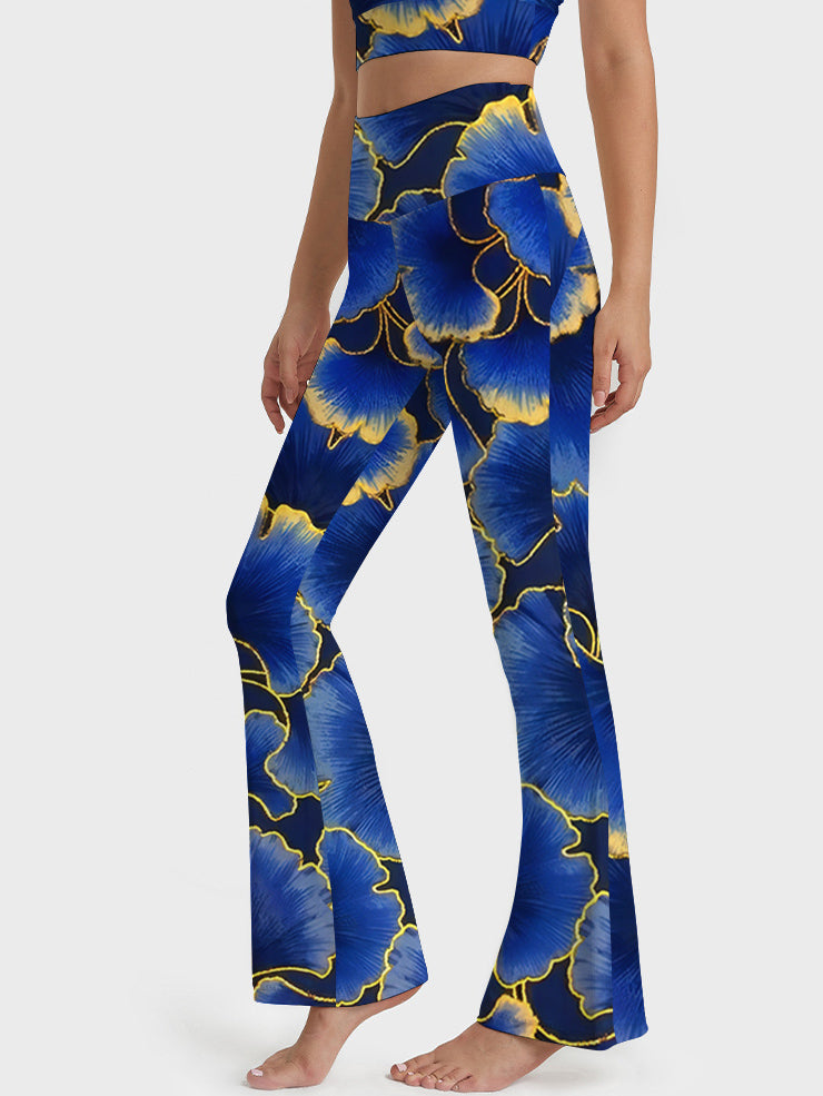 Botanical blue ginkgo leaf gold edge flare leggings